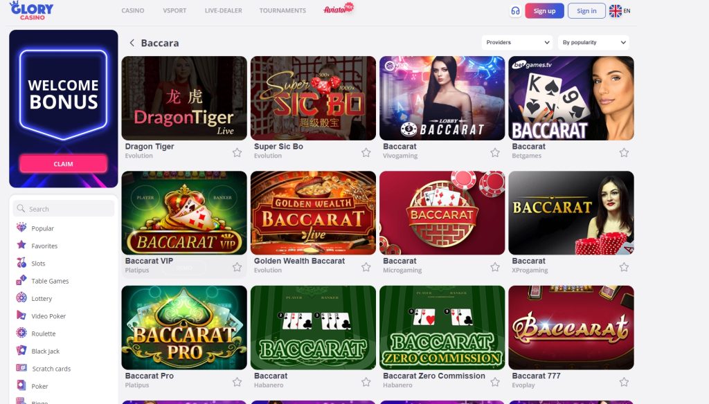 Glory Casino Baccarat page