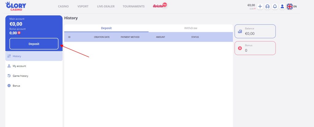 Glory Casino account with the deposit button