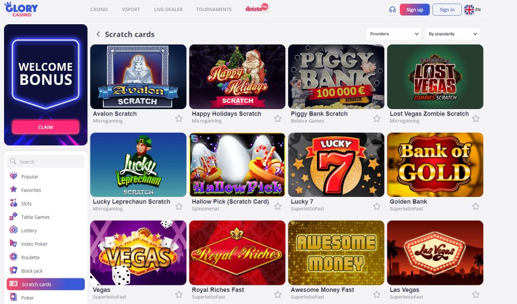 Glory Casino Kazı Kazan Kartları Bölümü