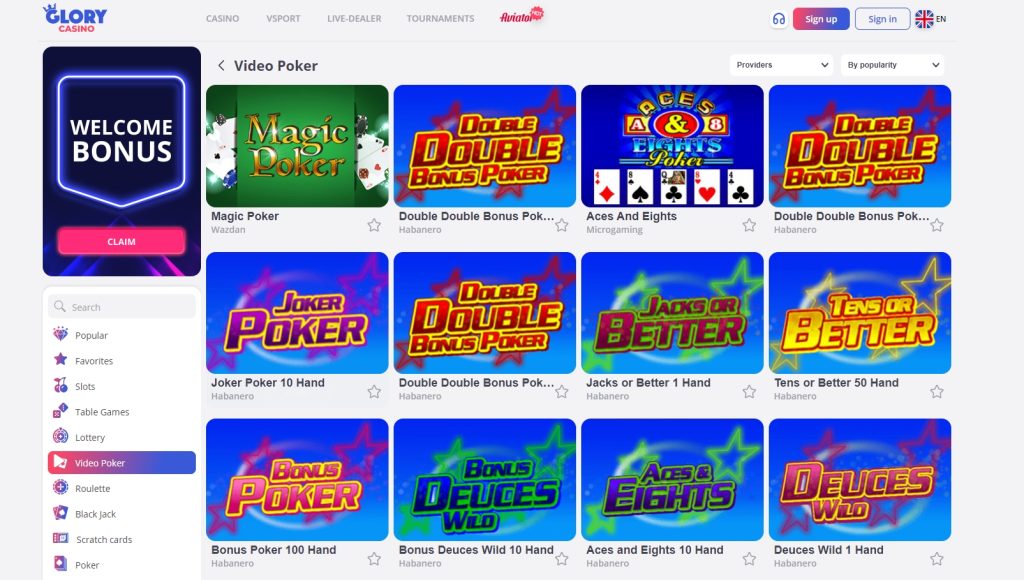 Glory Casino Video Poker Bölümü