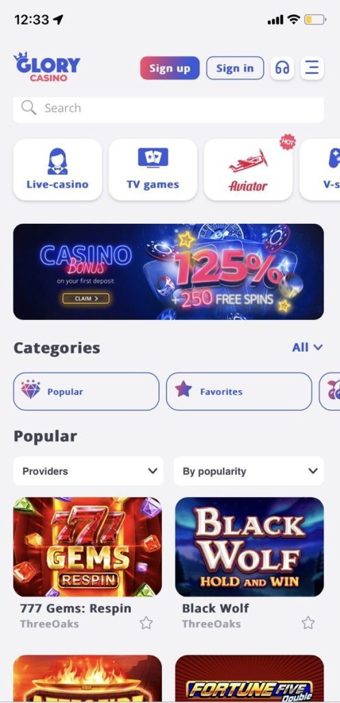 Glory casino uygulamalarının arayüzü