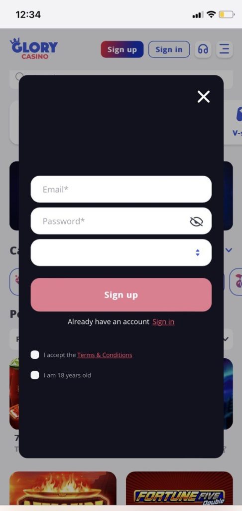 Glory Casino Sign Up Window