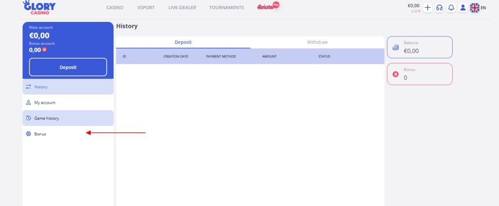 The bonus tab in Glory Casino