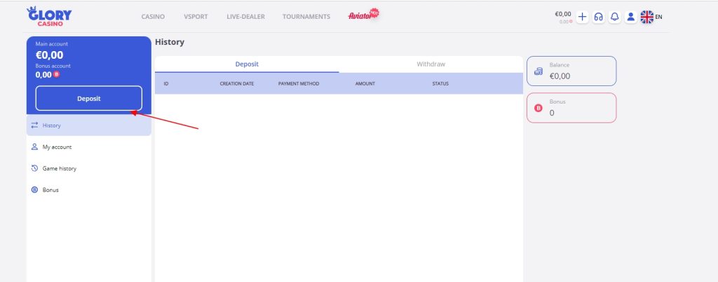 Glory Casino Deposit Tab