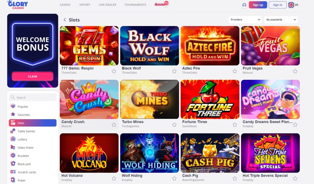 Glory Casino slotları sayfası